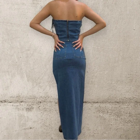 Denim Set High Waist Maxi Skirt Side Slit and cropped top Size M - Picture 3 of 13